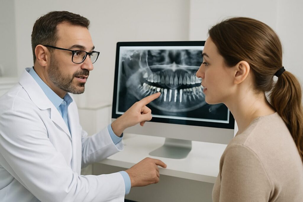 A dentist implant specialist is consulting with a patient while pointing to a digital scan of the patient's mouth, showcasing where the dental implants could be placed. No text on image.