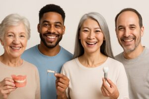 Image of a diverse group of smiling people showcasing different affordable teeth replacement options, such as dentures, bridges, and dental implants. No text on image.