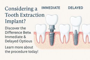 A dentist is using digital scans to plan a tooth extraction implant procedure with a patient. There is no text on the image.