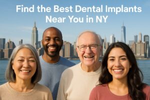 Photo of a diverse group of patients smiling, showcasing various dental implant solutions, with the New York City skyline in the background. The text on the image says "Find the Best Dental Implants Near You in NY".