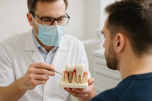 Image of a dentist explaining the dental implant process to a patient using a model of a jaw with implants. The dentist is pointing to different parts of the model to illustrate how the implant integrates with the bone. No text on image.