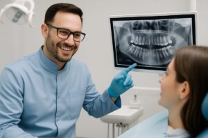 A friendly dentist in Woodmere, NY, smiles reassuringly at a patient while pointing to a digital display of their X-rays, showcasing advanced dental technology. No text on the image.
