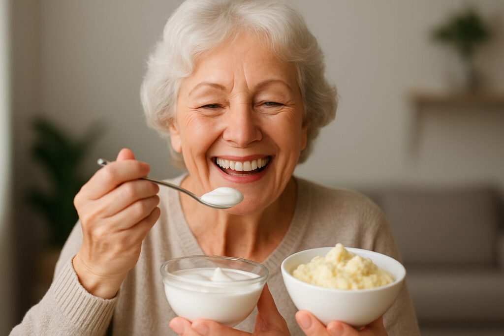 Photo of a smiling senior woman who has recently received dental implants, eating soft foods like yogurt and mashed potatoes. The image conveys a sense of comfort and ease during the recovery period. No text.