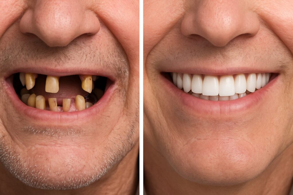 An image showcasing a before-and-after transformation of a patient's smile using tooth inplants. The "before" side shows missing or damaged teeth, and the "after" side displays a full, natural-looking set of teeth restored with implants. No text on image.