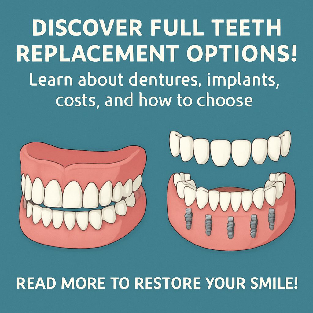 Photo depicting various full teeth replacement options: traditional dentures, implant-supported dentures, and fixed implant-supported dentures, displayed side by side for comparison. The image should have a clean, informative style, suitable for illustrating dental solutions, with no text on the image.