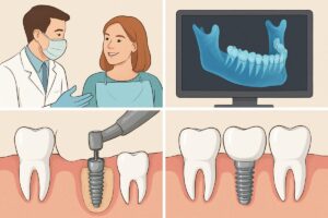 Image showcasing the dental implementation process, featuring a dentist consulting with a patient, a digital scan of a jaw, placement of the implant, and the final crown restoration. No text on the image.