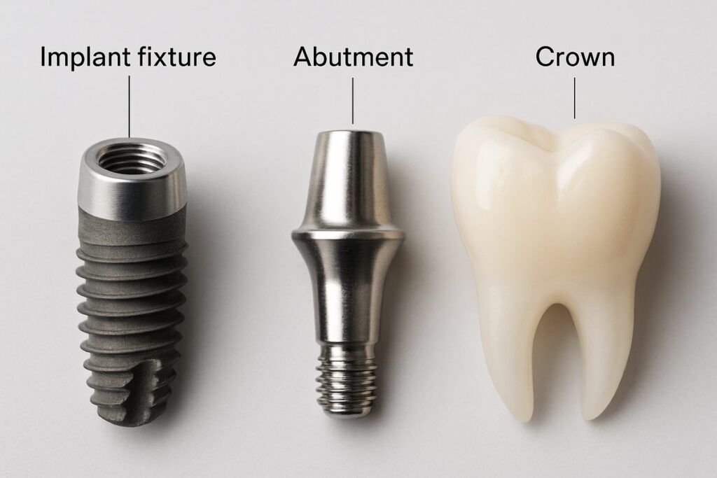 Close up image of the three main parts of a dental implant: the implant fixture, the abutment, and the crown, with labels pointing to each part. No text on image.