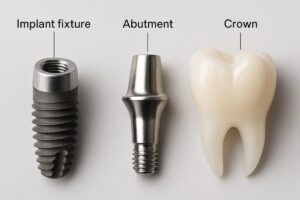 Close up image of the three main parts of a dental implant: the implant fixture, the abutment, and the crown, with labels pointing to each part. No text on image.
