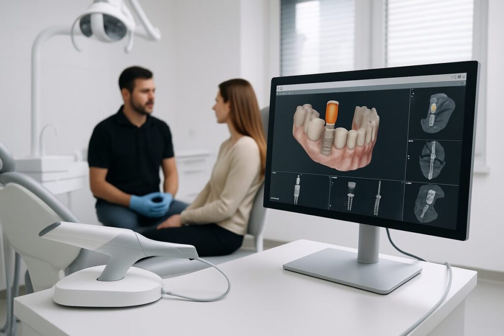 A modern dental office interior, showcasing advanced technology such as a 3D scanner and a computer screen displaying implant planning software, with a dentist consulting with a patient in the background. No text on the image.