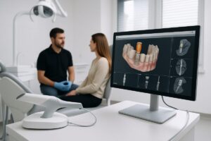 A modern dental office interior, showcasing advanced technology such as a 3D scanner and a computer screen displaying implant planning software, with a dentist consulting with a patient in the background. No text on the image.