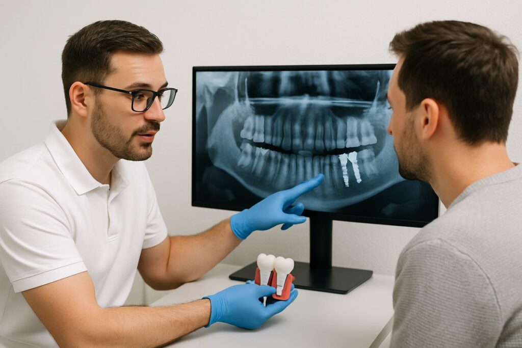 Photo of a dentist explaining the teeth implants procedure to a patient while pointing at a digital scan of the patient's jaw. No text on the image.
