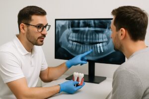 Photo of a dentist explaining the teeth implants procedure to a patient while pointing at a digital scan of the patient's jaw. No text on the image.