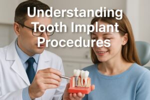 A dentist is carefully explaining the tooth implant procedure to a patient, using a model of a jaw with an implant in place. The text on the image says, "Understanding Tooth Implant Procedures."