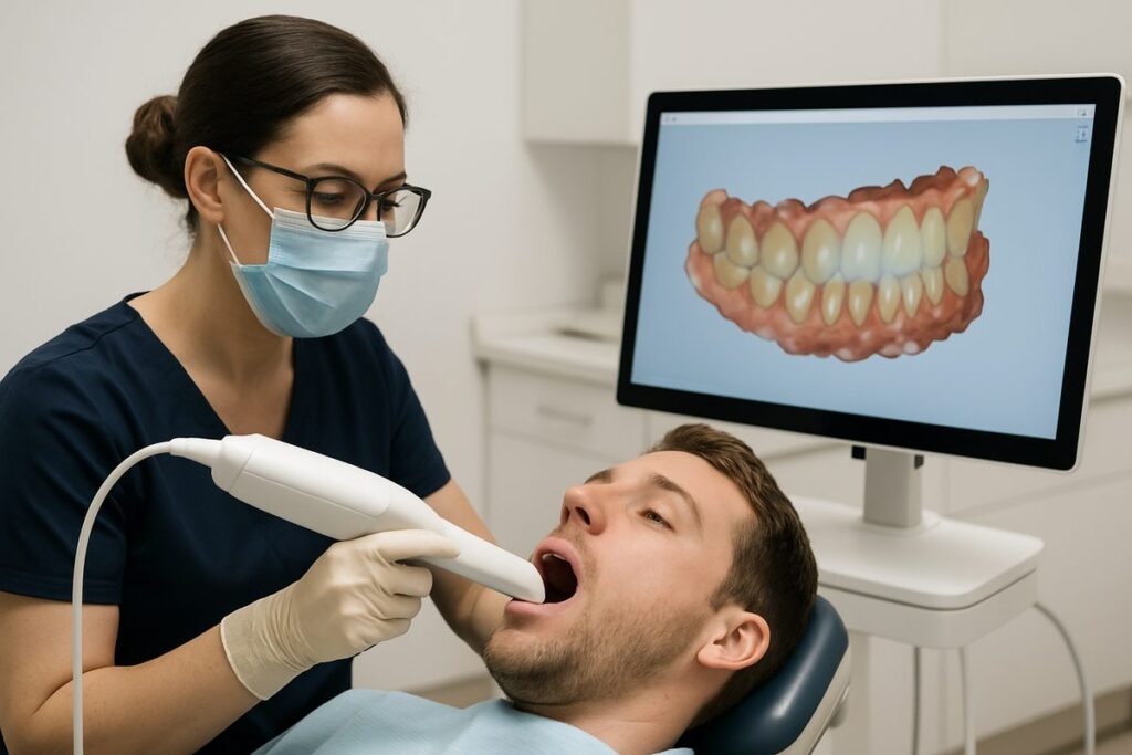 Image of a dentist using digital scanning technology on a patient's mouth, with a computer screen showing a 3D model of the patient's teeth.
