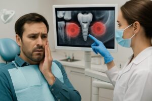 A concerned patient is in a dentist's chair, with the dentist pointing to a digital x-ray of a titanium dental implant. The image highlights potential areas of inflammation or bone loss around the implant. No text on image.