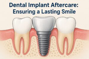 Close up image of a dental implant with a healthy gumline. Text on the image reads "Dental Implant Aftercare: Ensuring a Lasting Smile"