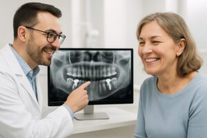 A friendly dentist is consulting with a patient, pointing to a digital scan of dental implants. The patient is smiling and appears relieved. No text on the image.