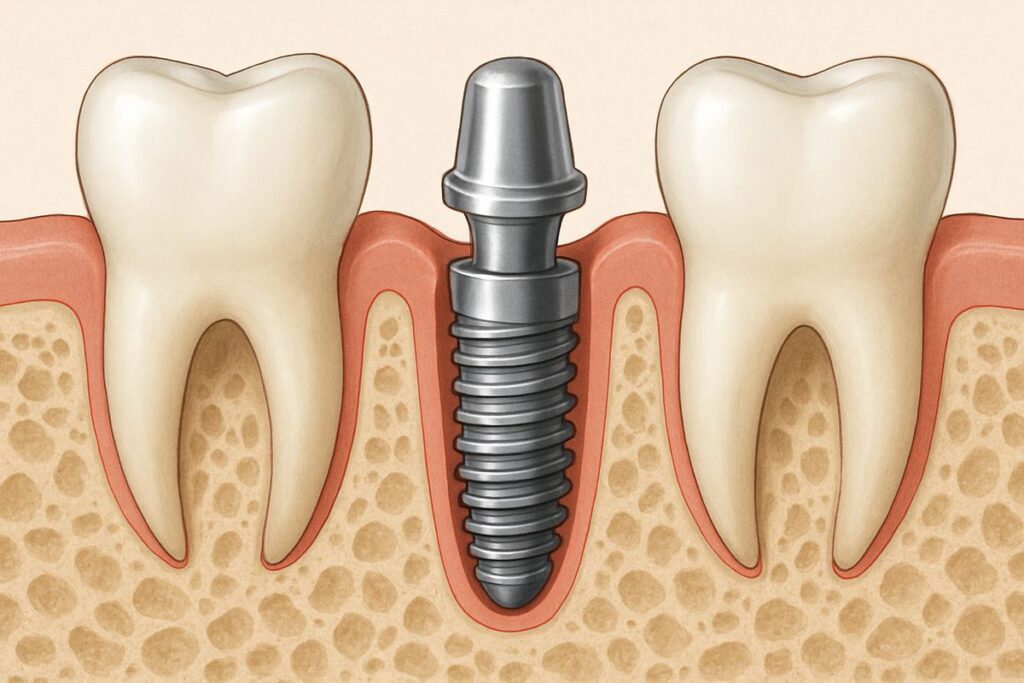 Illustration of a dental implant being placed immediately after a tooth extraction. The image highlights the implant fitting snugly into the socket, with surrounding bone and gum tissue in healthy condition. No text on the image.