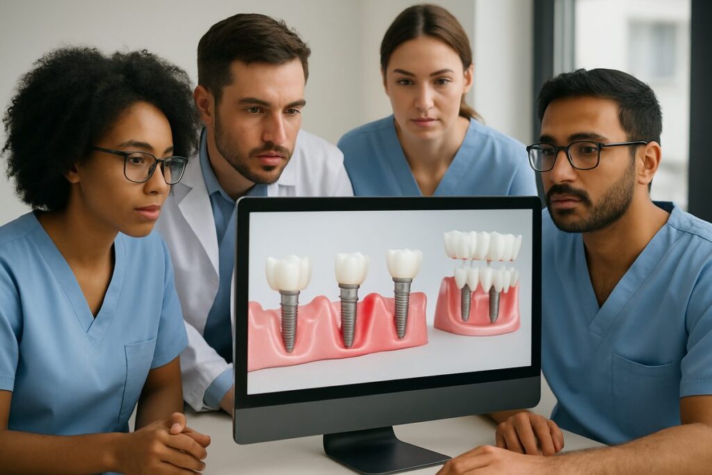 A diverse group of dental professionals are gathered around a computer screen, intently studying a 3D model showcasing the four main types of dental implants: Endosteal, Subperiosteal, Zygomatic, and All-on-4. The atmosphere is collaborative, highlighting the use of modern technology in dental implant planning. No text on image.