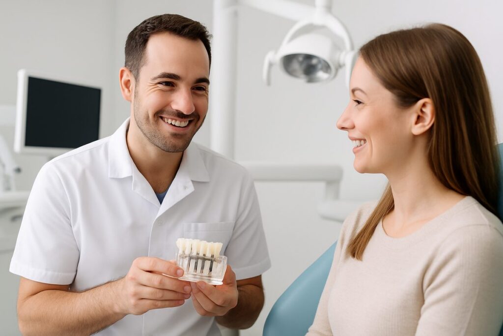 A dentist smiling and consulting with a patient about dental implant options, showcasing a modern dental office environment. No text on image.