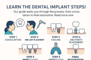 Image depicting the dental implant steps: consultation, 3D imaging, treatment planning, preparatory treatments, implant surgery, healing, final restoration, and long-term care. No text on image.