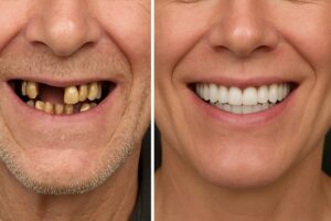 A before-and-after image showcasing a patient's smile transformation with affordable full mouth dental implants, highlighting improved aesthetics and function. No text on image.