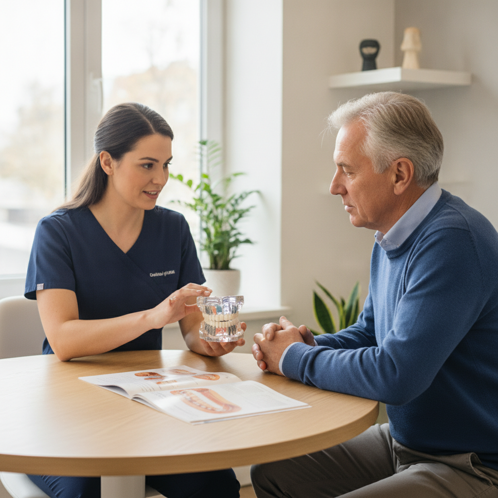 Patient consultation for dental implants in a modern clinic setting
