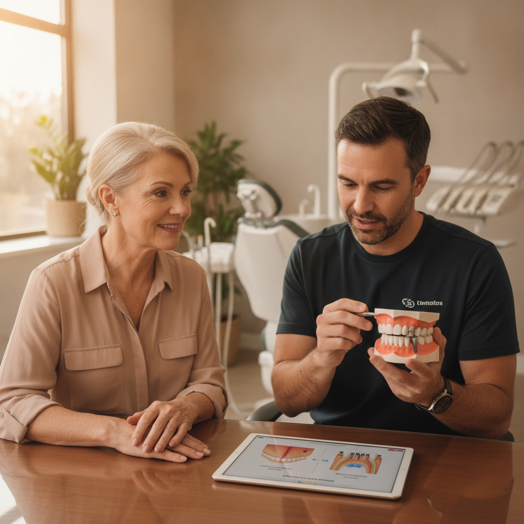 Patient consultation about implant dentures in a modern dental office