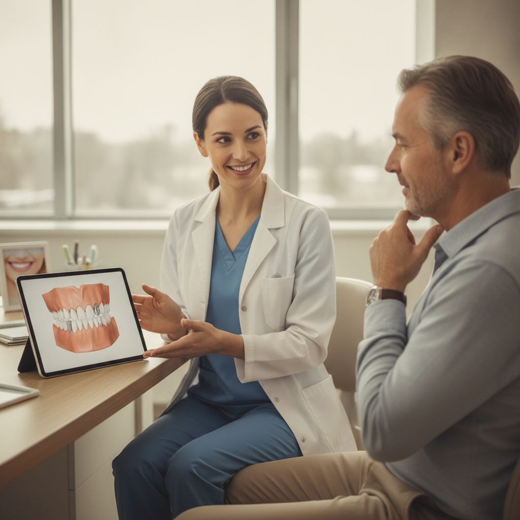 Dentist consulting with a patient about dental implants in a modern office.