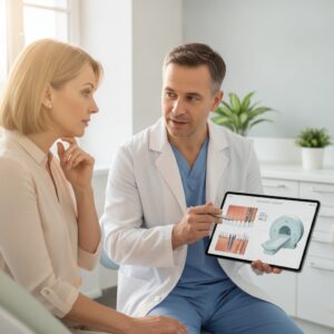 Patient consults with dentist about MRI safety regarding dental implants in a modern office.