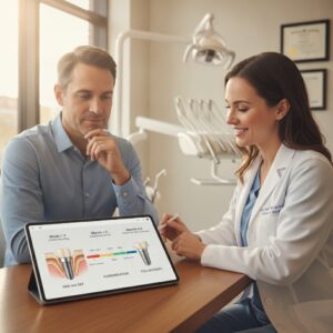 Patient consulting with dentist about dental implant recovery in a modern clinic
