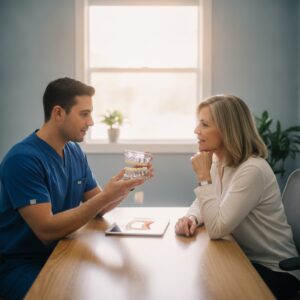 Patient consulting with a dentist about implant-supported bridges in a modern clinic.
