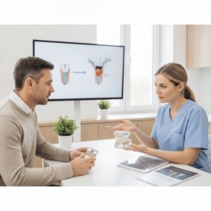 Patient at dental consultation discussing smoking risks for implants