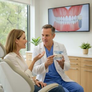 Patient discussing dental implants with a dentist in a modern office.
