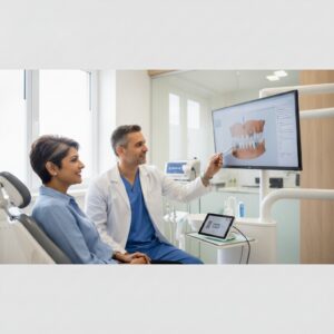 Patient with diabetes discussing dental implants with dentist