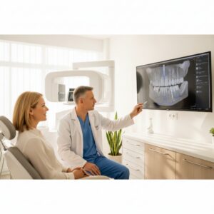Patient consulting with a dentist about CBCT 3D imaging for dental implants