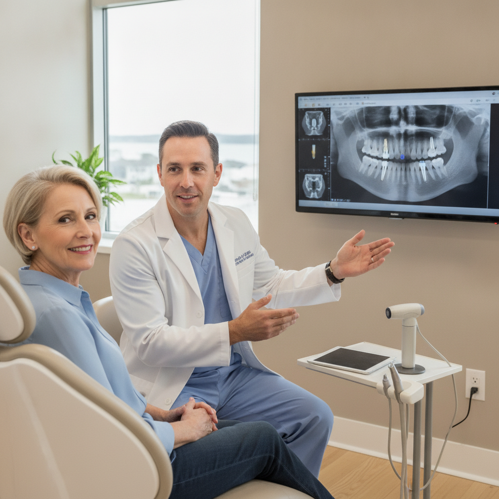 Patient consulting with an implant dentist about dental procedures.