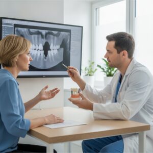 Dentist consulting on missing tooth treatment with a patient in a modern office