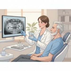 Senior patient consulting a dentist about dental implants in a modern office