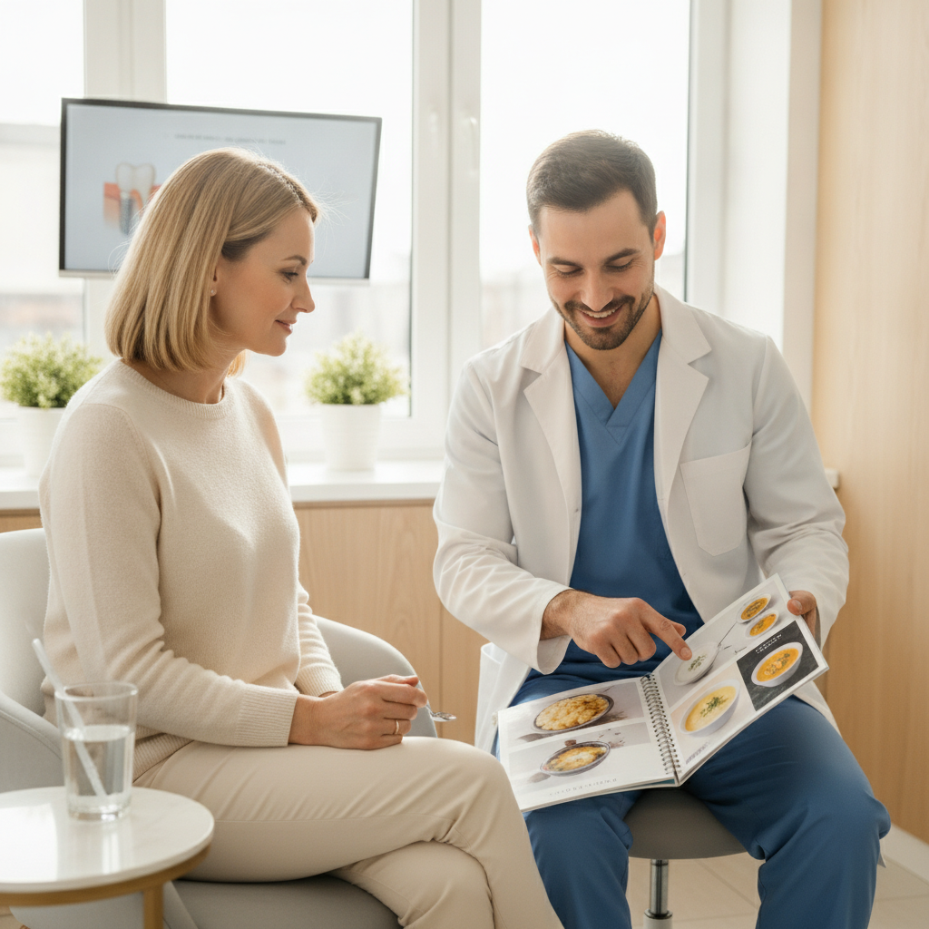 Dentist advising patient on diet after dental implant surgery