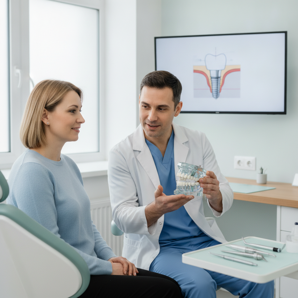 Dentist discussing dental implants with a patient in a professional setting.