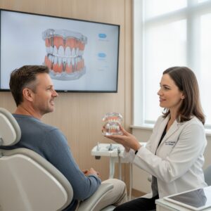 Patient consult in dental office discussing full arch implants.