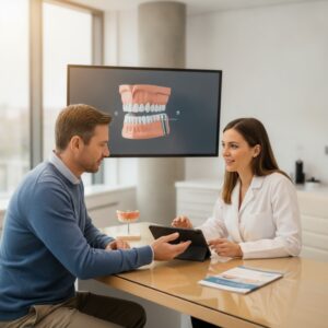 Dentist consulting with patient about dental implant options in a modern clinic
