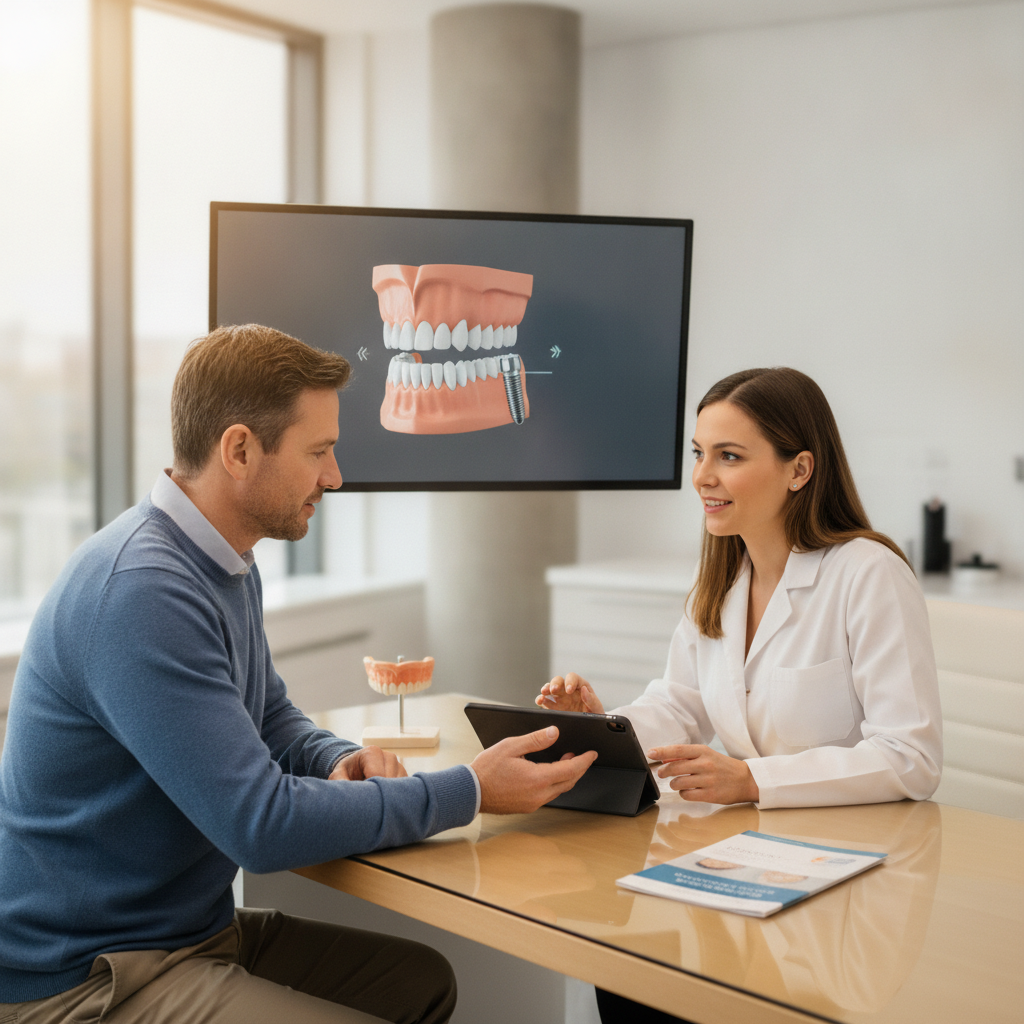 Dentist consulting with patient about dental implant options in a modern clinic