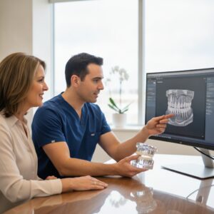 Dentist discussing implant-supported dentures with a patient in a modern dental office