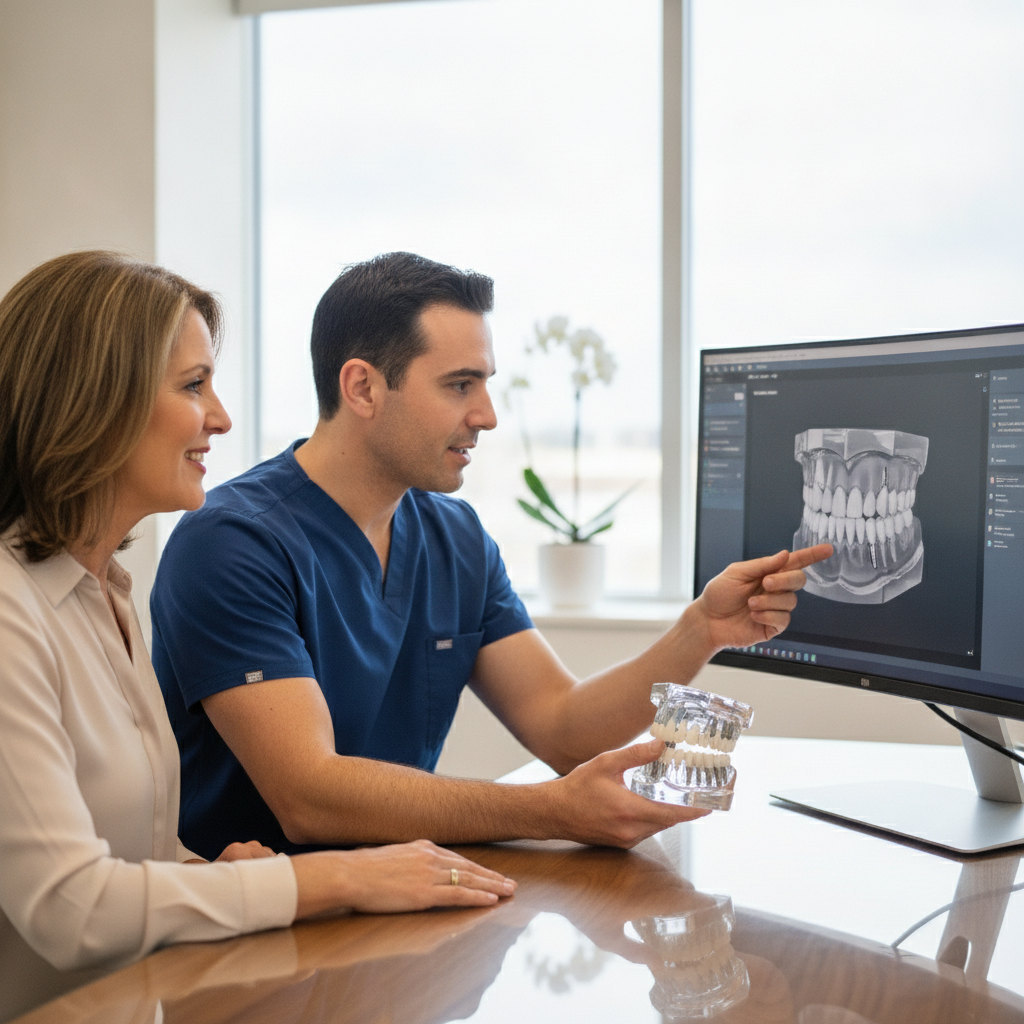 Dentist discussing implant-supported dentures with a patient in a modern dental office