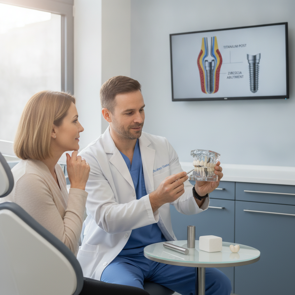 Dentist showing dental implant models to a patient in a modern dental office.