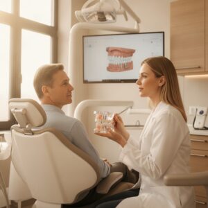Patient discussing dental implants in a modern Cedarhurst, NY dental office.
