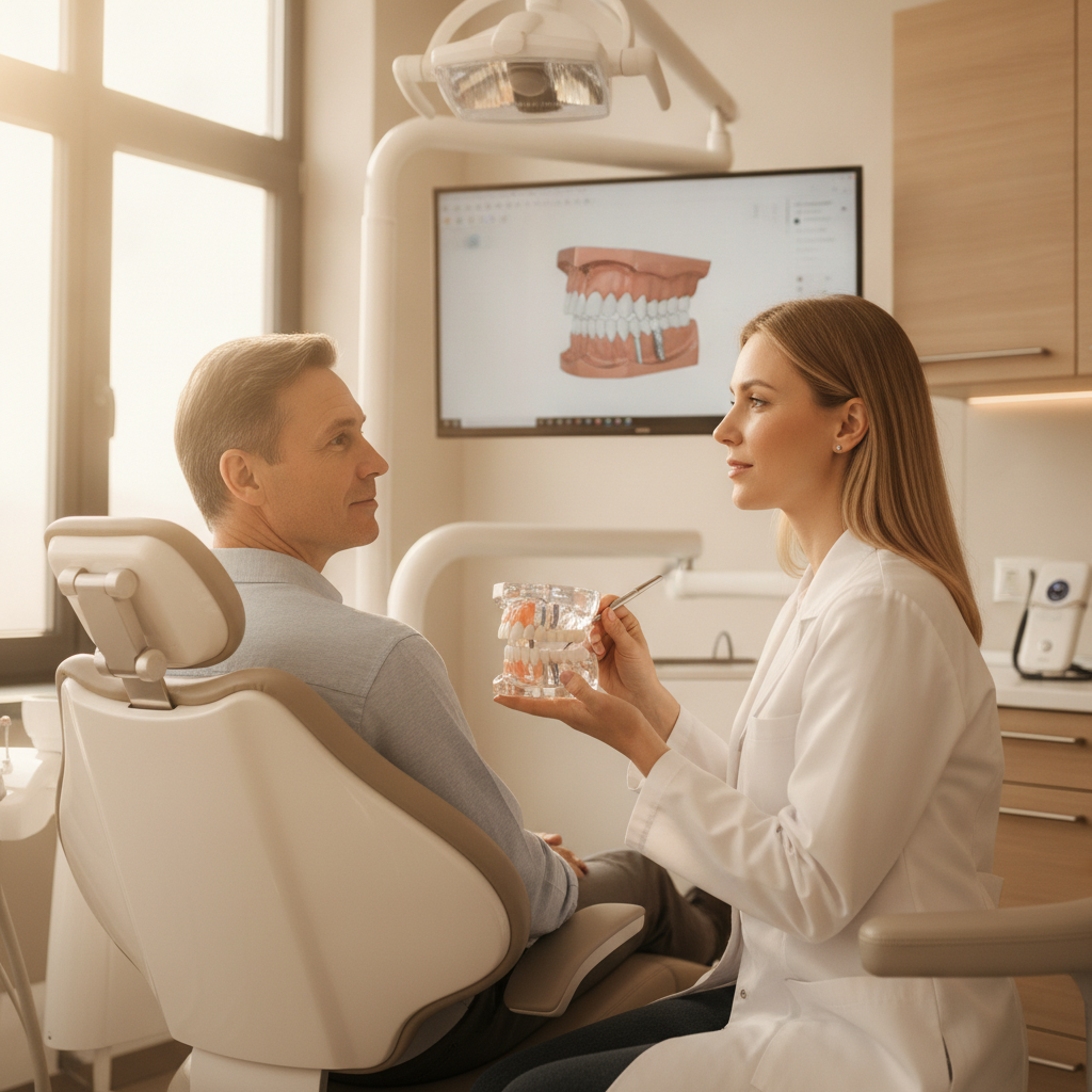 Patient discussing dental implants in a modern Cedarhurst, NY dental office.