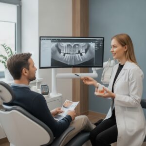 Patient consulting with a dentist about dental implant financing options